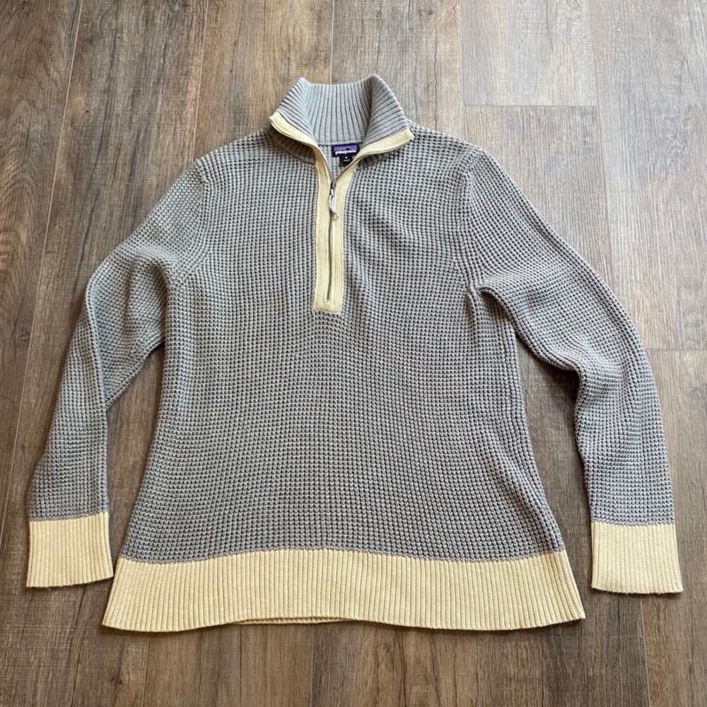 Patagonia Ponderosa Women Grey Waffle Knit Quarter Zip Pullover Sweater Size Med
